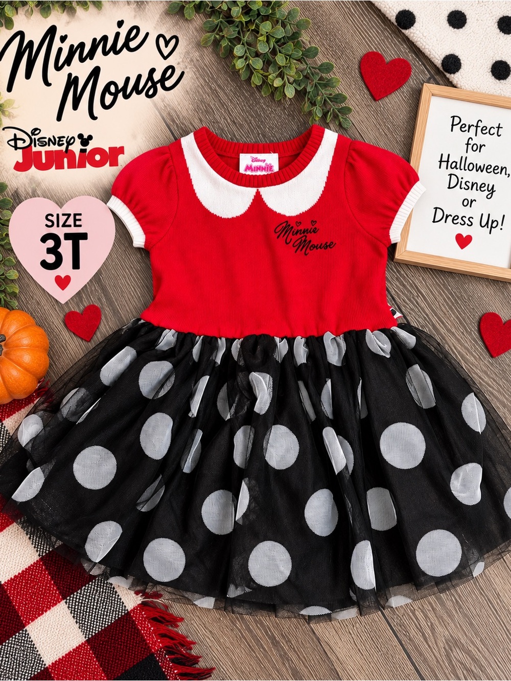 Disney Minnie Mouse Dress Red Polka Dot Skirt Tulle Halloween Costume Girls 3T